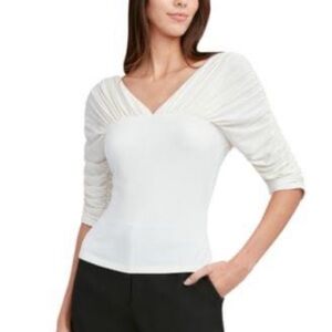 BCBGMAXAZRIA Ruched Elbow Sleeve Top Off White Small nwt